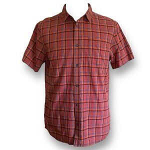 Prana Mens Shirt Sz Large Brown Blue Plaid Slim Fit Short Sleeve Organic Cotton